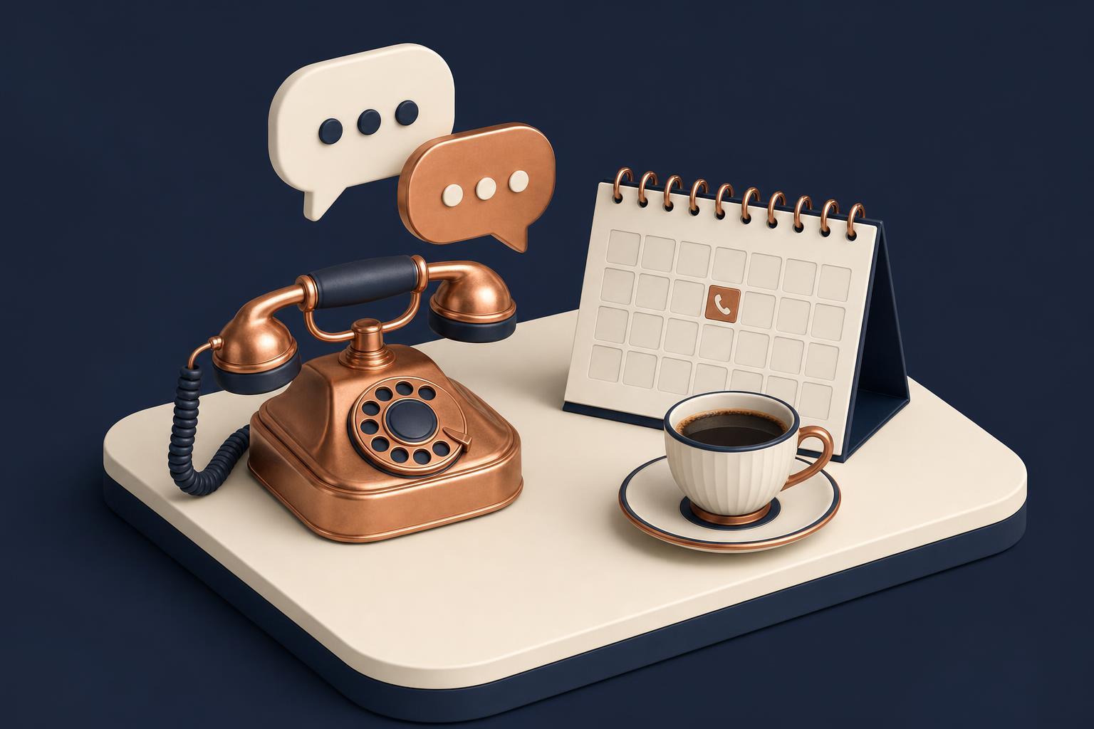 Illustration du premier échange : téléphone, bulles de dialogue et calendrier