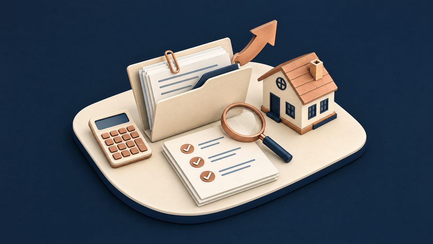 Illustration d'un dossier de prêt immobilier ouvert, d'une liste de contrôle cochée, d'une loupe, d'une calculatrice et d'une maison miniature, avec une flèche montante